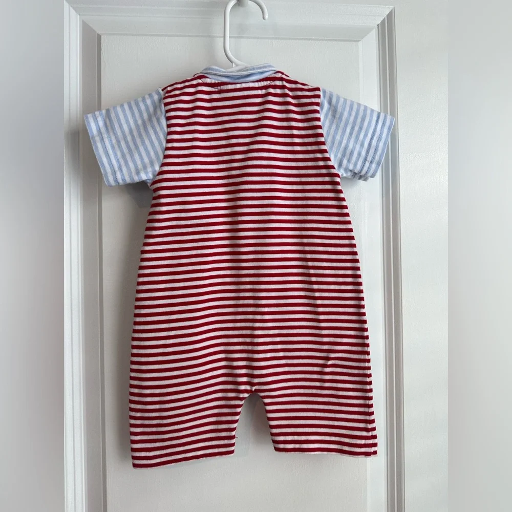 Little English Peter Pan Polo Romper Red and Blue Stripes Size 6 Months